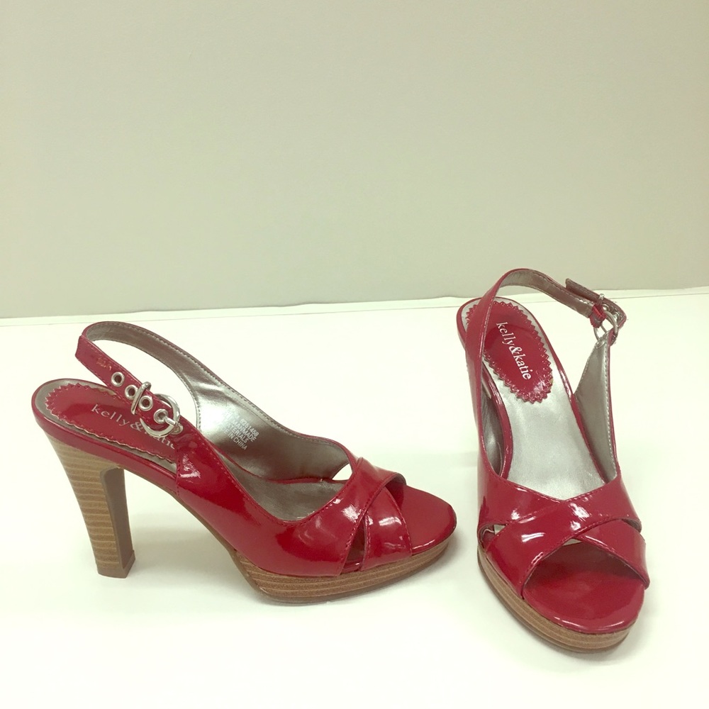 4” stacked heel sandals in red.